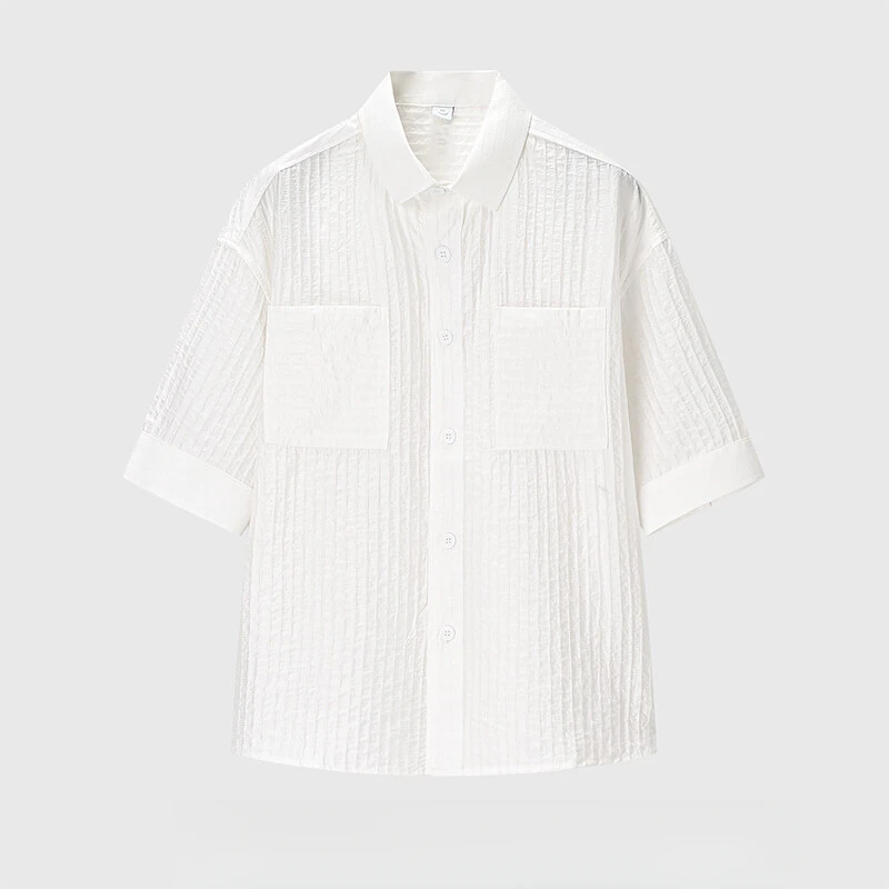 夏季新款复古肌理感色短袖衬衫男休闲百搭宽松慵懒感半袖衬衣潮薄