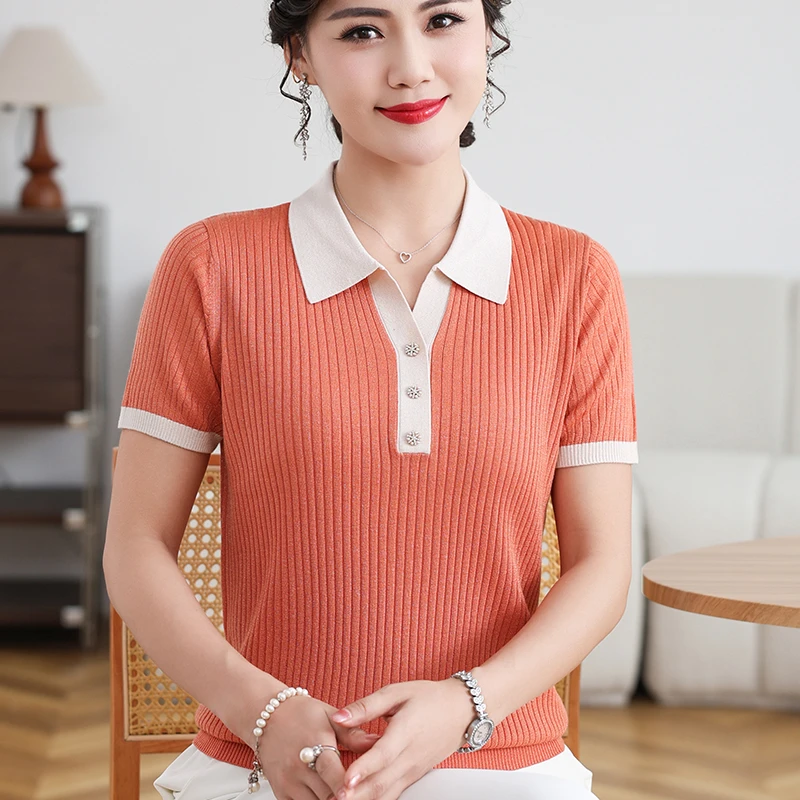 妈妈夏装短袖翻领T恤薄款宽松大码上衣气质中老年女人洋气打底衫