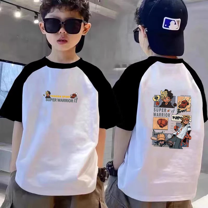 儿童夏款童装男童拼接短袖T恤中大儿童6-12插肩袖潮流休闲上衣潮