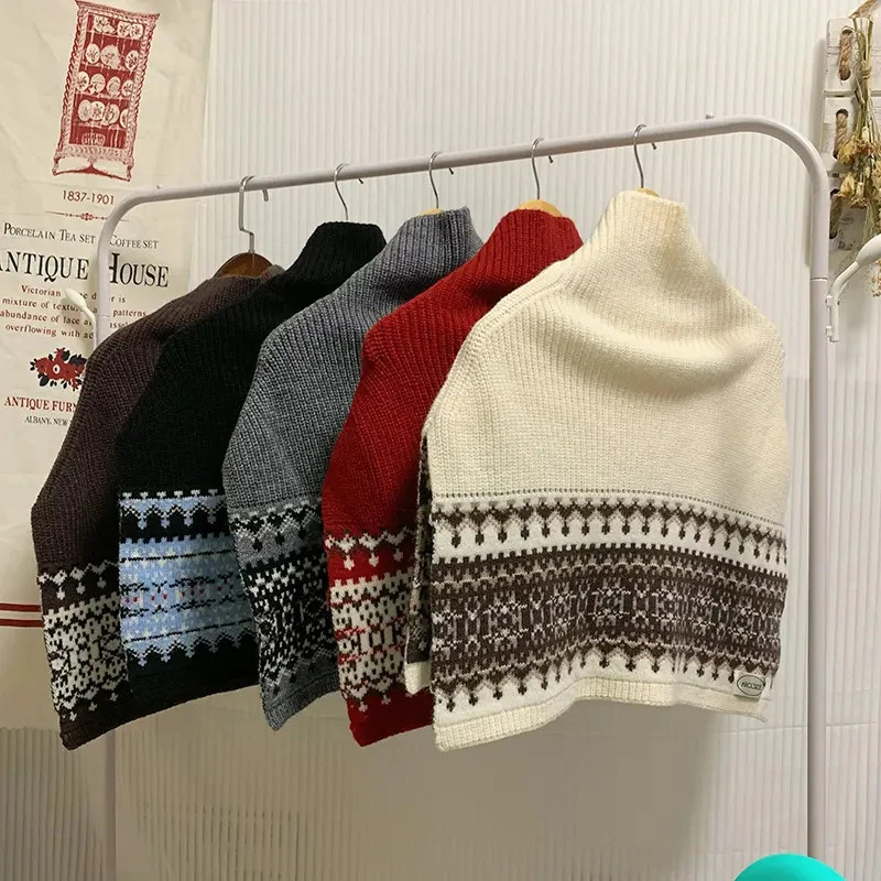 费尔岛复古高领针织披肩网红围巾秋冬羊毛女斗篷叠穿保暖围脖外搭