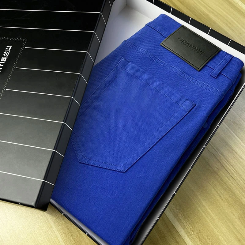 高级轻奢男款爆款2025新款弹力修身男士九分小脚彩色蓝色牛仔裤