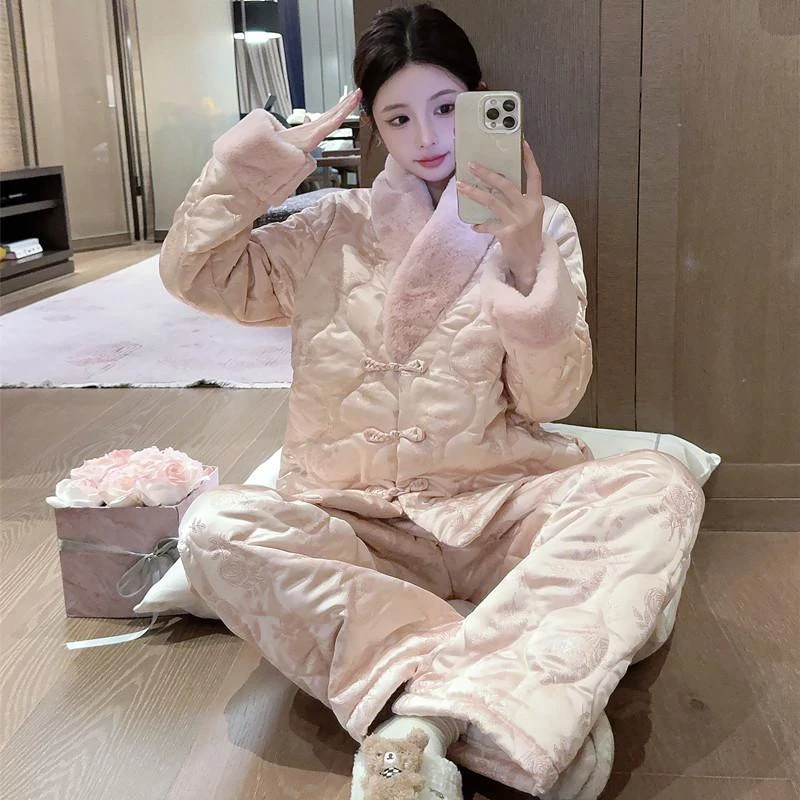 新中式珊瑚绒睡衣女冬季三层夹棉2024新款复古国风毛领加厚家居服
