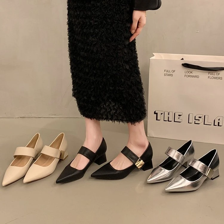 温柔晚风2025春夏季一字带魔术贴高跟鞋尖头玛丽珍鞋女款粗跟单鞋