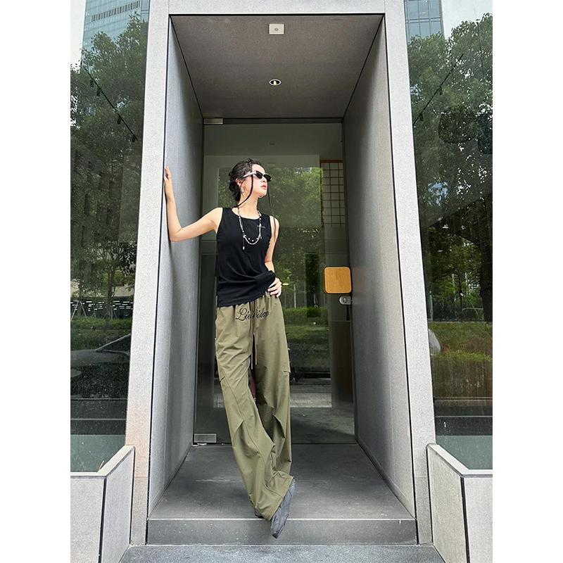 六指导 复古辣妹 街头字母刺绣工装裤女夏季抽绳休闲显瘦直筒长裤