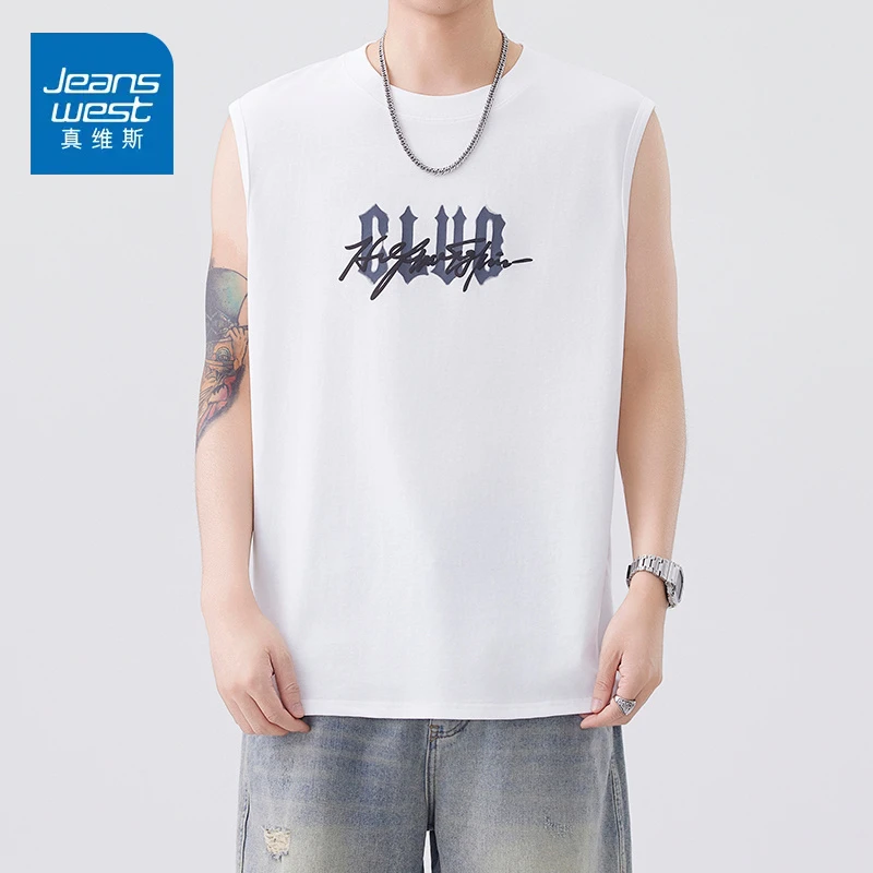 真维斯冰丝透气速干背心男夏季新款印花百搭运动健身无袖T恤上衣