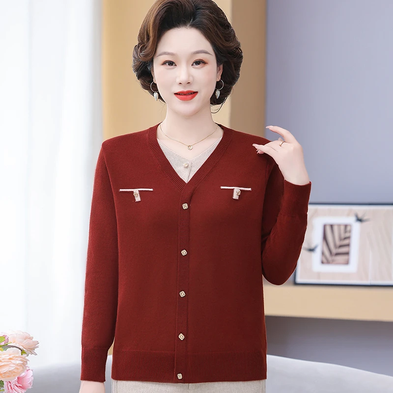 妈妈装春季针织宽松打底衫上衣中老年女装春秋薄新款毛衣假两件