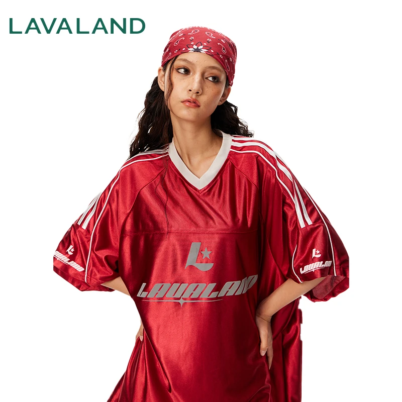 【美式球衣】LAVALAND 光感平纹法拉利红V领印花美式休闲短袖T恤