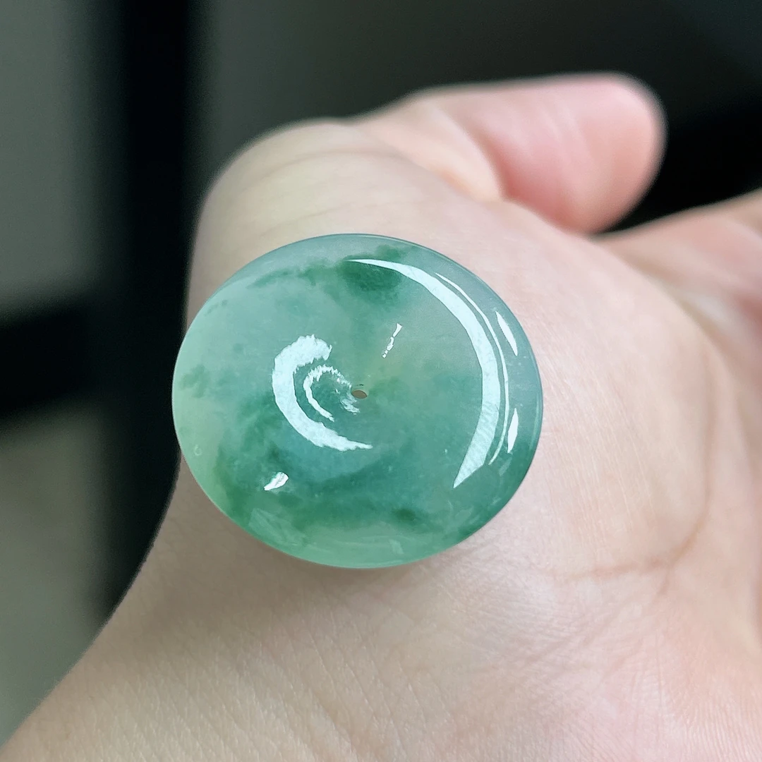 缅甸天然A货翡翠冰润飘花平安扣吊坠尺寸24.8×5.8