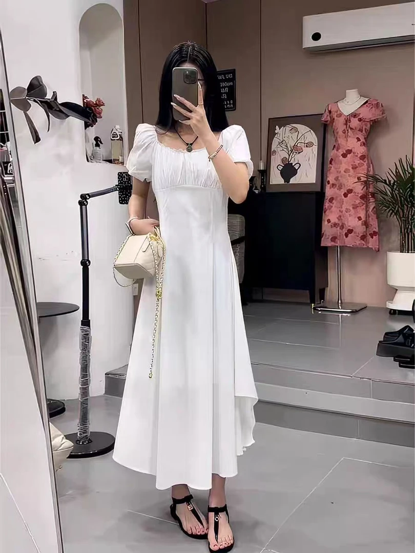 （0404）连衣裙夏季方领抽绳小黑裙夏季中法式黑色收腰泡泡袖