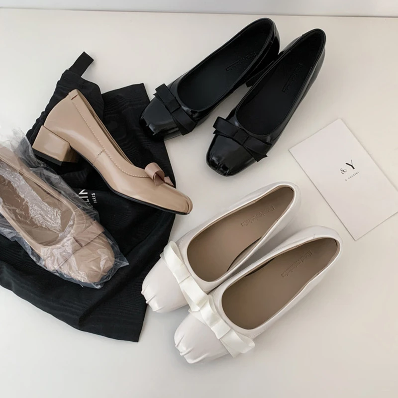 法式蝴蝶结褶皱方头粗跟浅口单鞋女2025年春季新款一脚蹬通勤女鞋