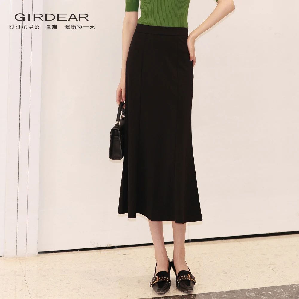 哥弟 新款复古高腰显瘦优雅职业波浪鱼尾裙半身裙中长裙女1200359