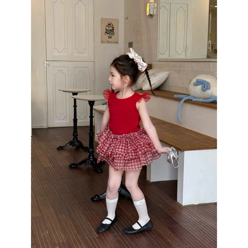 【现货速发】2025夏季新款洋气小飞袖背心甜美红格子tutu半身裙套装