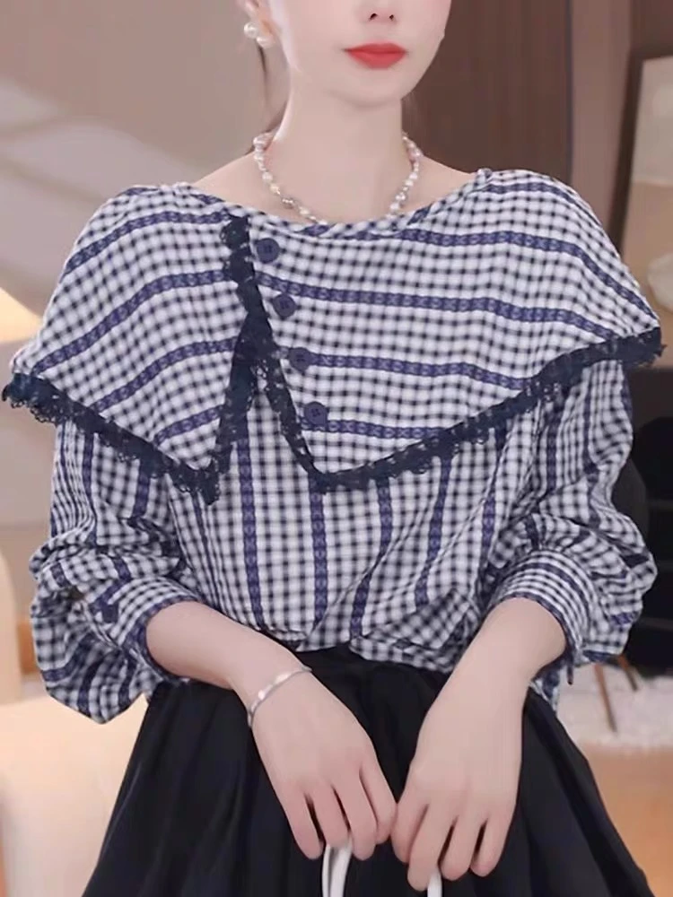 春季新款时尚韩系洋气格纹设计感不规则翻领气质长袖衬衫格子