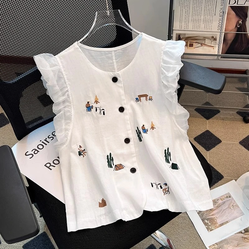 运补~白色设计感花苞刺绣圆领无袖马甲衬衫女夏季显瘦百搭休闲上