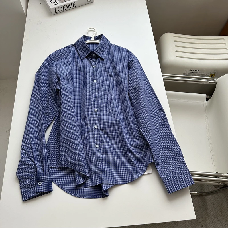 春夏新款 复古经典学院风蓝色长袖格子衬衫 高级感清爽格纹衬衣