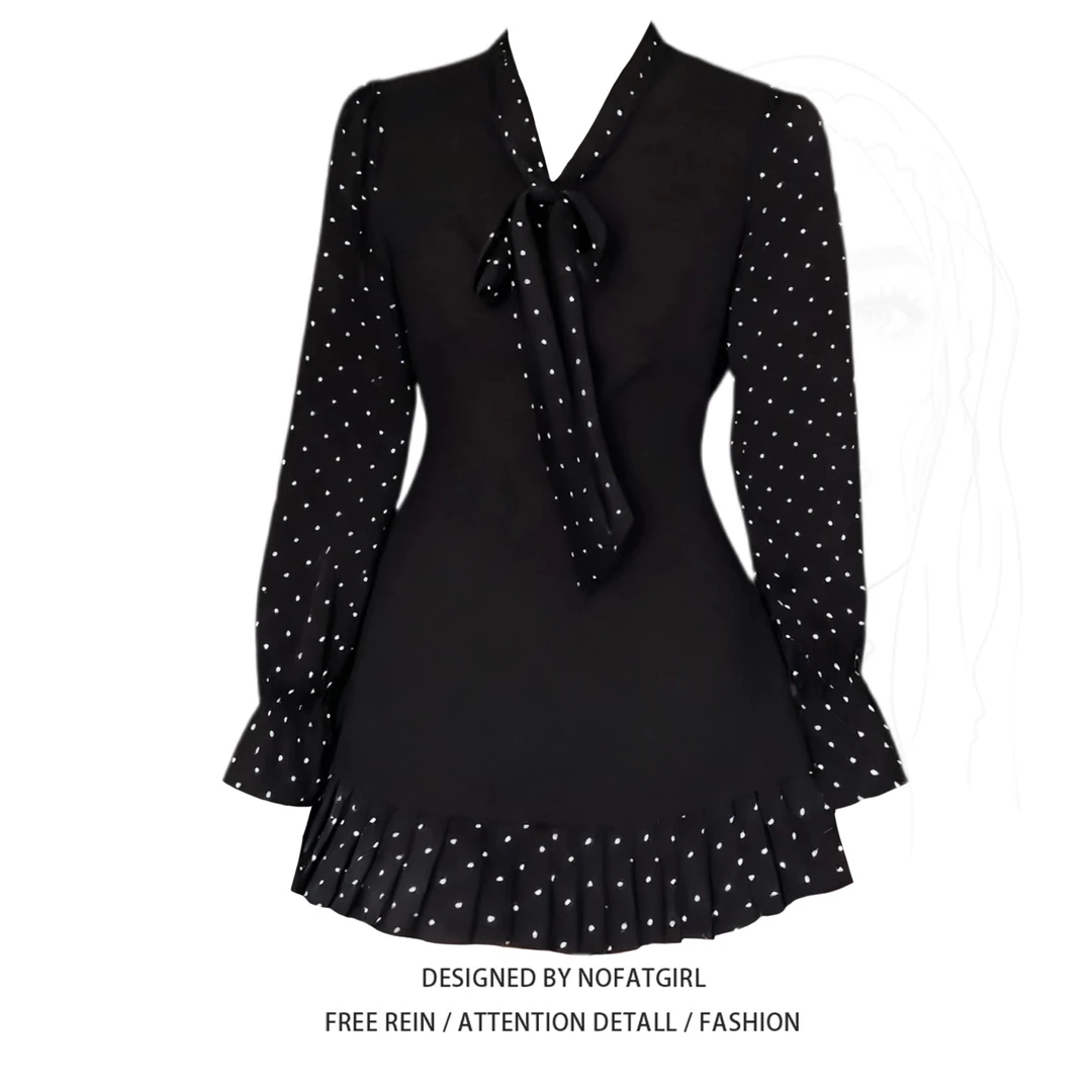 大码胖MM淑女风黑色波点连衣裙女秋季新款长袖系带显瘦遮肚小黑裙