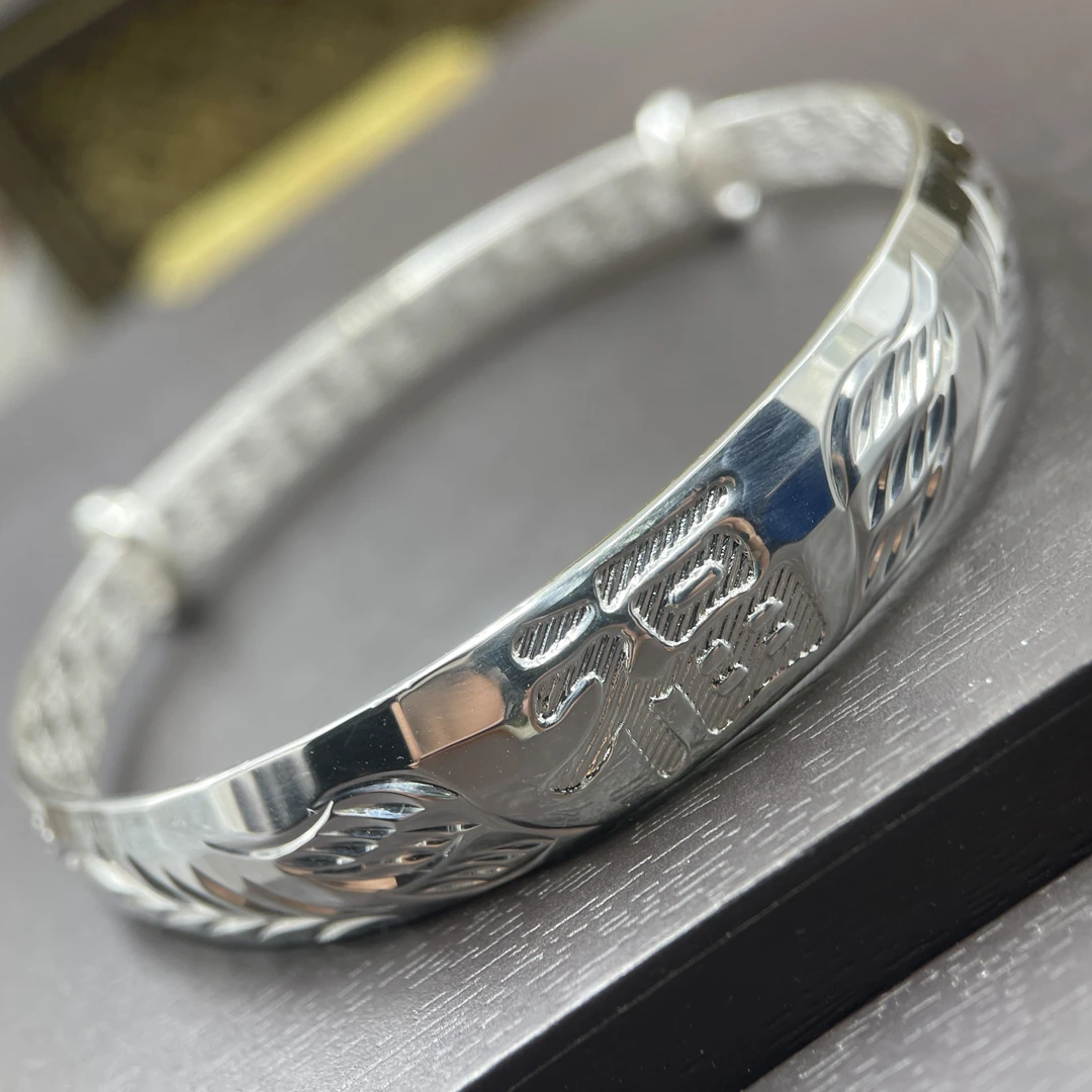 足银手镯 162号足银999.9亮面福字推拉可调节银手镯送礼物约31克