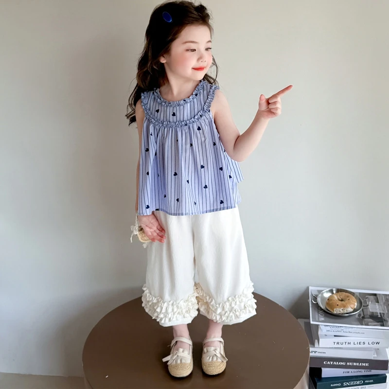 女童爱心条纹套装2025新款儿童夏装韩版洋气女宝宝夏季时髦两件套
