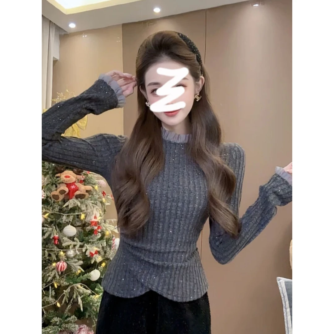 灰色蕾丝半高领针织内搭打底衫女秋冬内搭交叉收腰法式高级感上衣