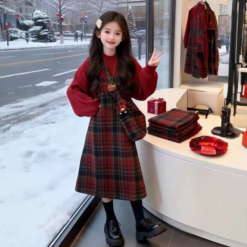 女童冬季连衣裙毛衣格子背带裙圣诞新年红色套装女孩大童女装裙子