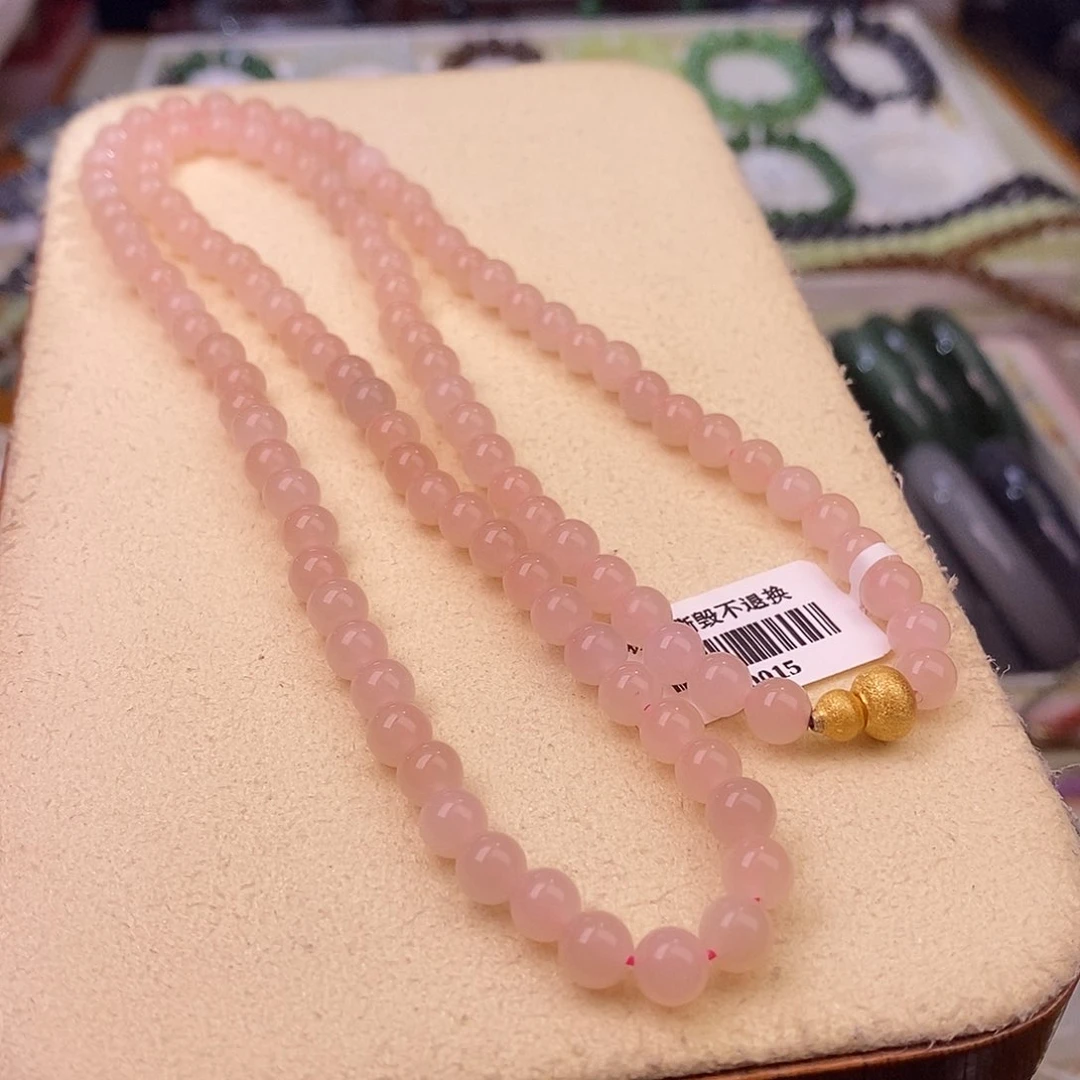 颈饰未镶嵌和田玉熟藕粉脂膏级老矿料高冰樱花粉珠链6m