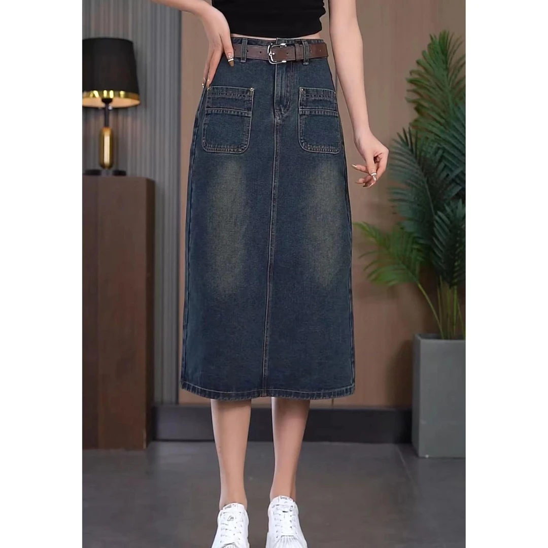 丹宁风A字高腰半身裙裙子春秋装半身牛仔裙宽松复古cleanfit风