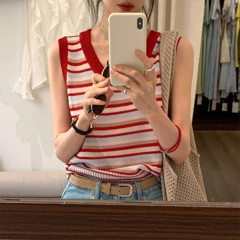 红色条纹针织吊带背心女士夏季外穿薄款宽松内搭显瘦短款无袖上衣