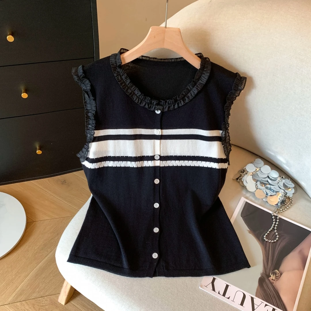 时尚撞色条纹圆领针织开衫女2025年夏季新款高级感宽松无袖上衣潮