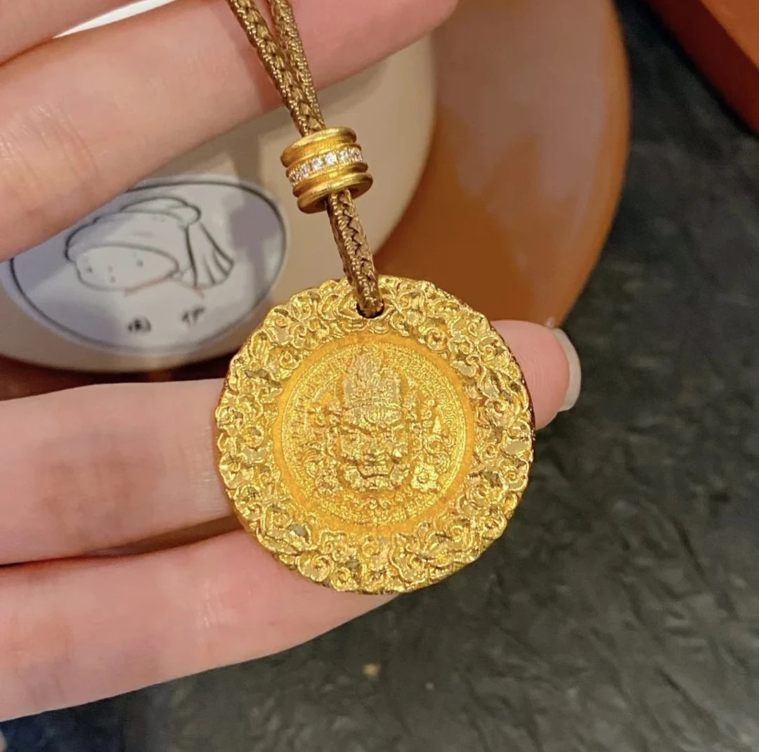 铜合金吊坠 铜合金吉言黄财神古法传承吊坠双面金色雕刻