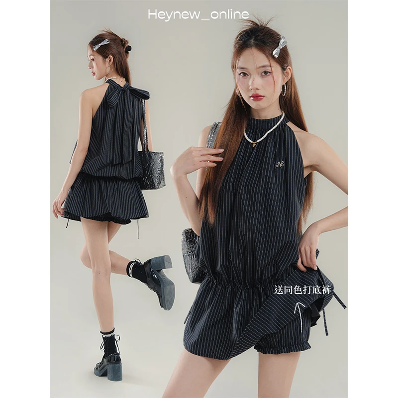 【高智穿搭】韩系条纹挂脖裙时尚气质无袖衬衫花苞裤两件套4X746