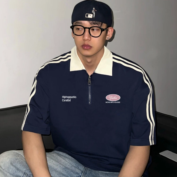 HIP潮牌美式拉链短袖Polo衫男装夏季纯棉重磅条纹拼接体恤衫上衣