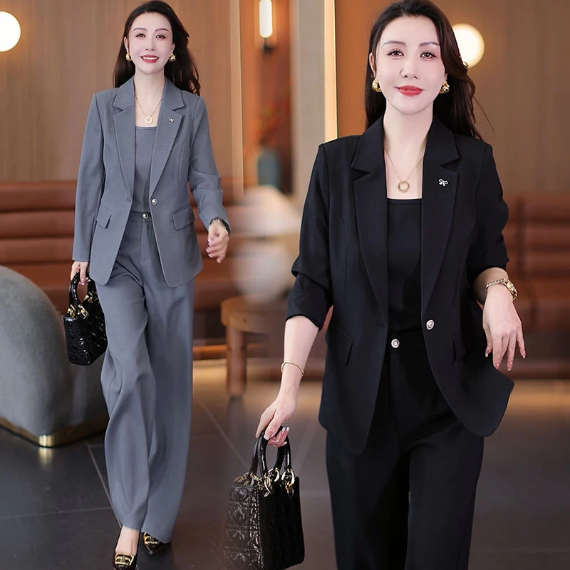 时尚西服套装女2025春秋新款韩版显瘦百搭西装外套阔腿裤三件套女