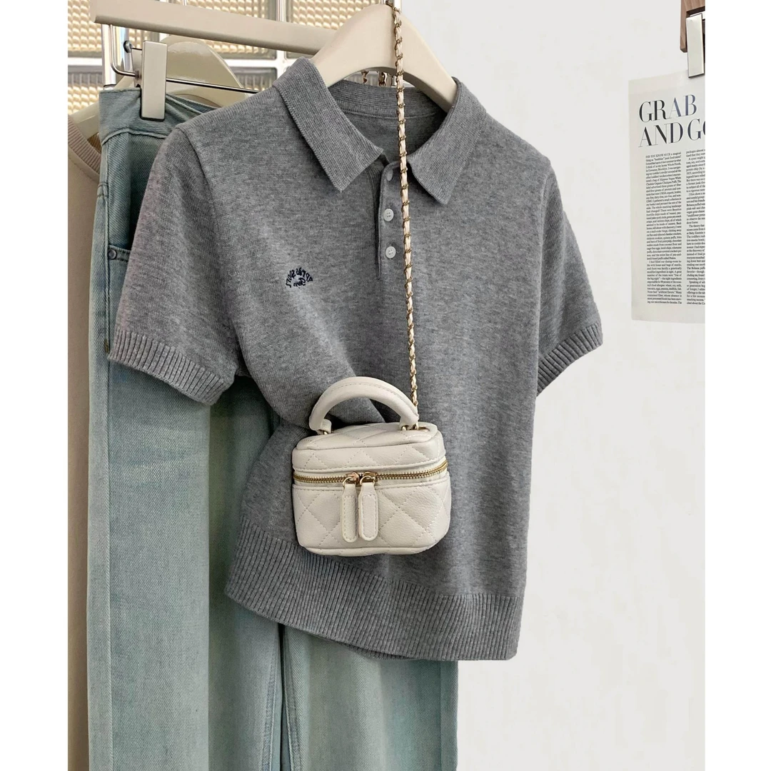 灰色POLO衫正肩针织短袖t恤女夏季夏2025新款高级感显瘦短款上衣