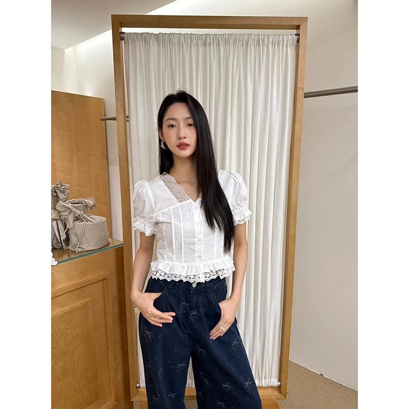 NEWOPEN25夏法式别致洋气小衫蕾丝边拼接短袖衬衫女S5116