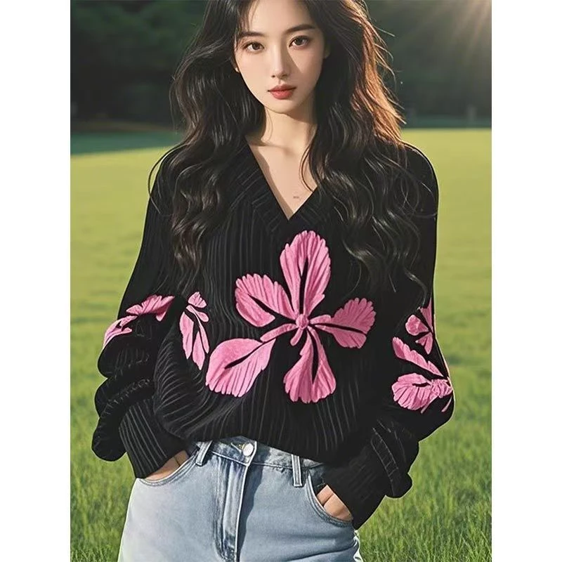 黑色衬衫2025春秋新款韩式印花长袖V领针织上衣女宽松显瘦上衣女