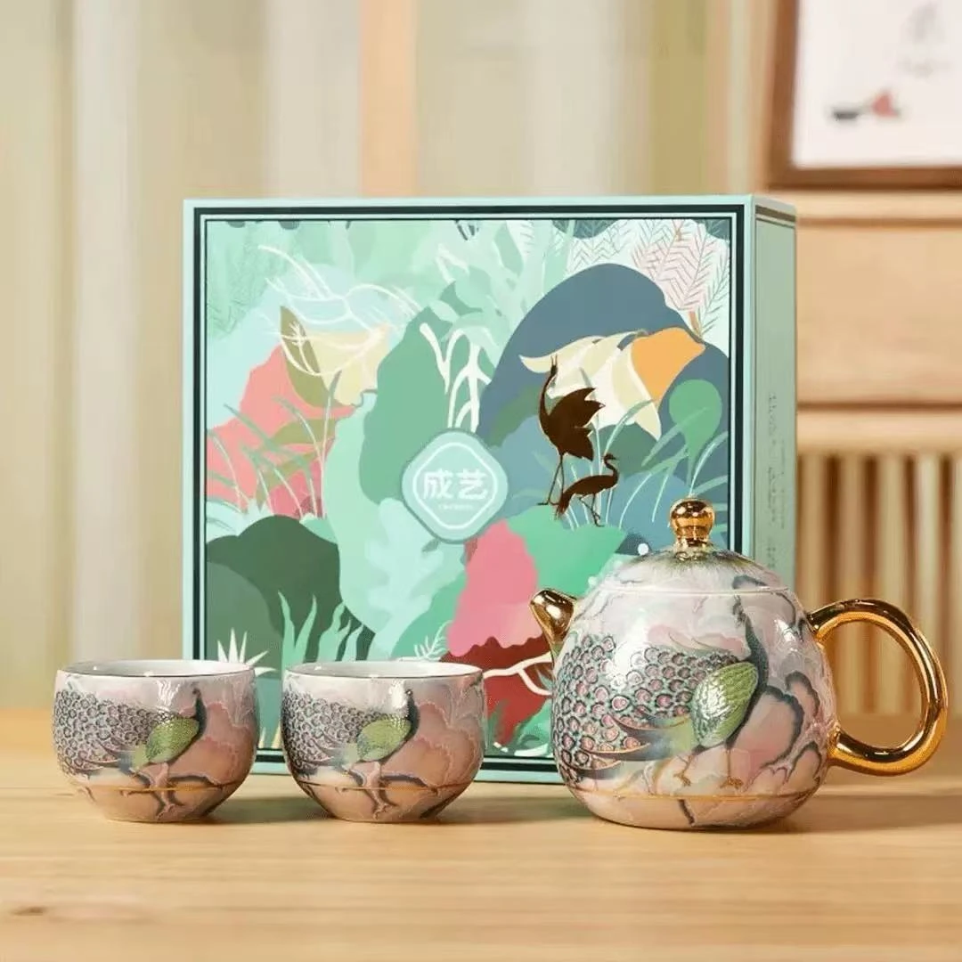 「云栖茶具」成艺孔雀翎彩陶龙蛋壶一壶两杯家用功夫茶具D434