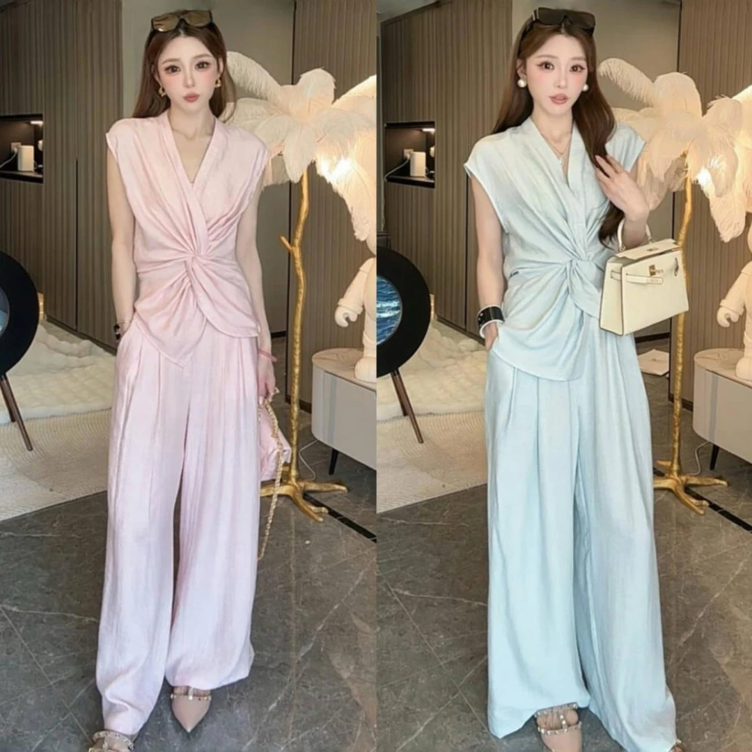 /YH| 盛夏物语 不对称解构扭结上衣/高腰阔腿裤气质休闲两件套装