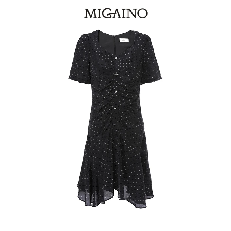 曼娅奴波点连衣裙女夏季新款气质鸡心领收腰A字裙MM22DA197