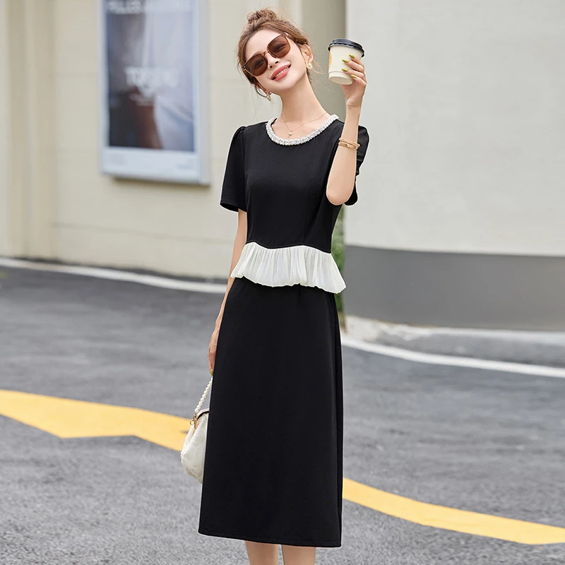 夏季新款名媛气质圆领钉珠荷叶边显瘦长款撞色连衣裙