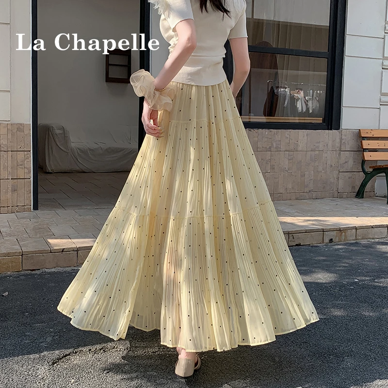 拉夏贝尔波点百褶裙半身裙女夏季高腰显瘦遮胯垂感a字伞裙大摆裙
