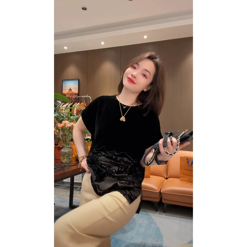 丝绒山水画烧花气质半袖衫#33-8101