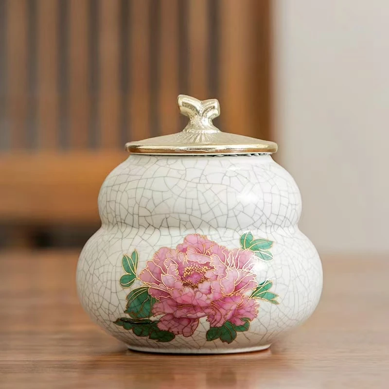 汝窑牡丹葫芦茶叶罐开片可养陶瓷高颜值密封罐防潮带盖茶器48021