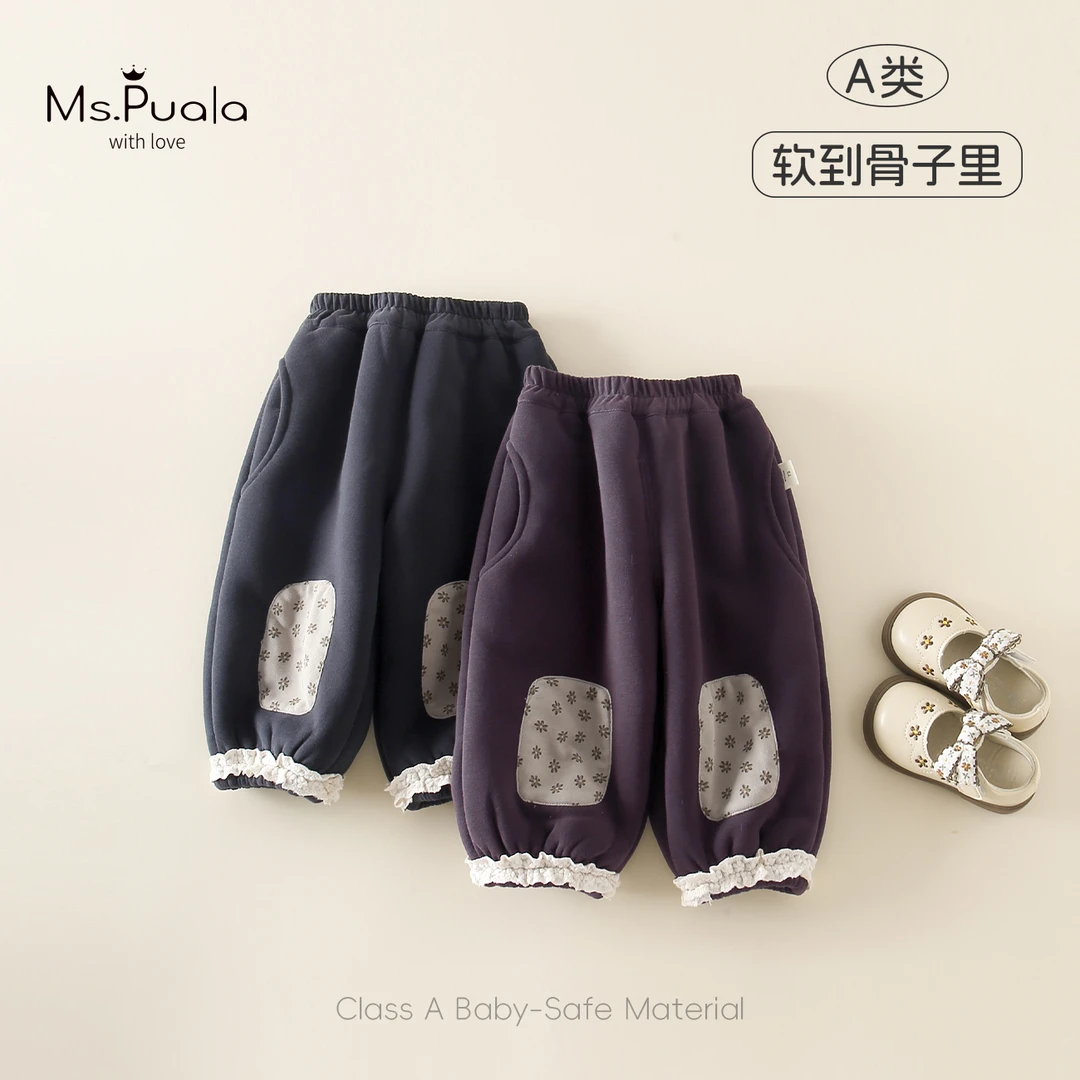 【MsPuala松栗子】婴幼童裤子女冬款休闲碎花贴布加绒花边裤脚长裤