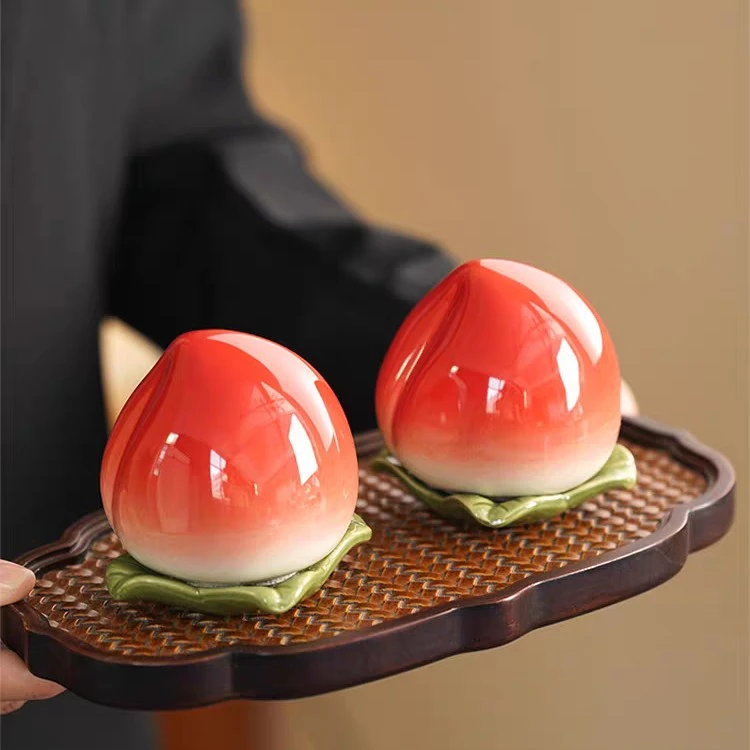 密封便携家用迷你寿桃伴手回礼寿桃茶叶罐陶瓷密封罐仿真水果摆件