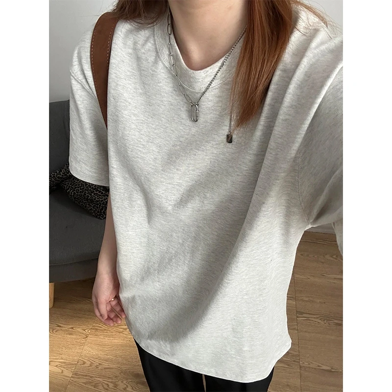 300g重磅燕麦灰色t恤男款夏季正肩小领口情侣短袖新疆长绒棉半袖