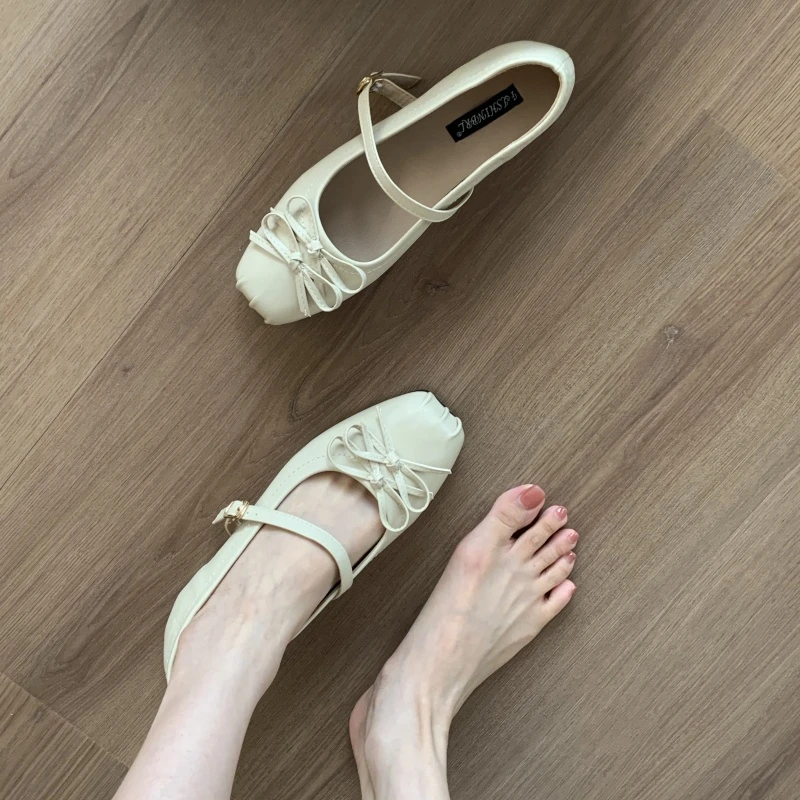 法式内增高浅口一字带单鞋女2025春秋新款温柔蝴蝶结芭蕾舞单鞋
