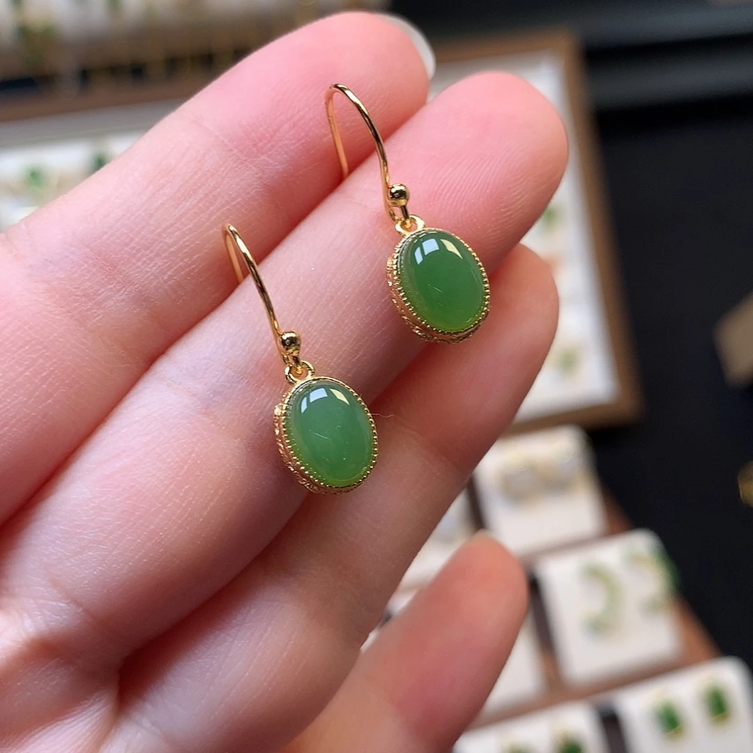 和田玉银S925镀金镶嵌耳饰