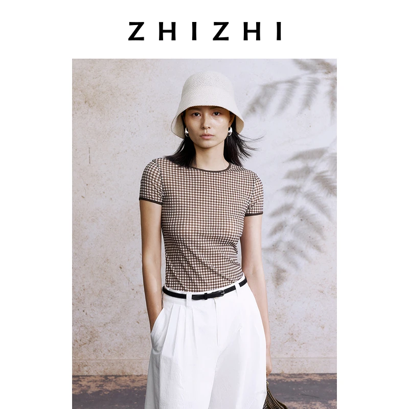 致知 回文 栅格纹T恤25夏季新款轻薄透气复古格子短袖ZZ2EMWTQ044