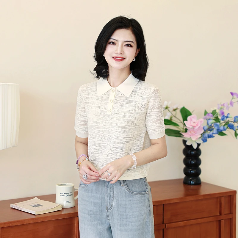 阿楠anan 阑珊温柔 莱赛尔Polo领条纹镂空肌理感女夏针织气质短袖