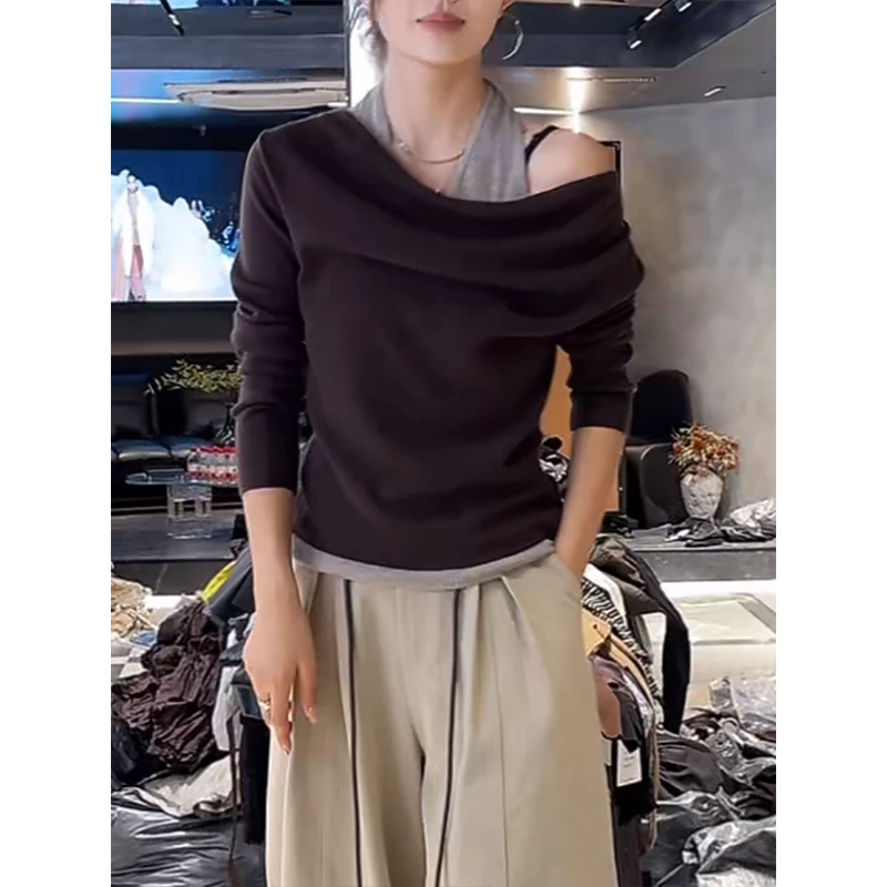 假两件拼接长袖t恤女2025秋季新款斜领挂脖设计感时尚打底衫上衣